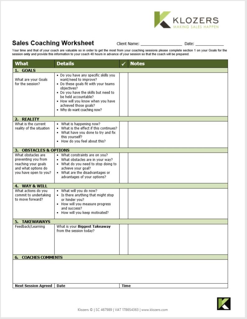 B2B Sales tools - Sales Coaching Worksheet Tool