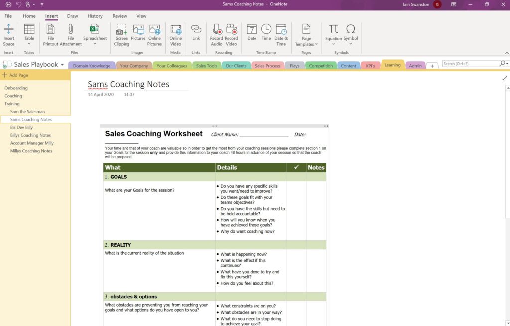 Using OneNote for Sales Management - Coaching Notes