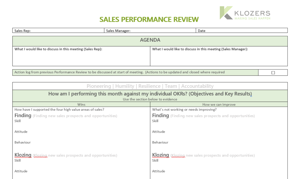 Sales Performance Review Template Klozers
